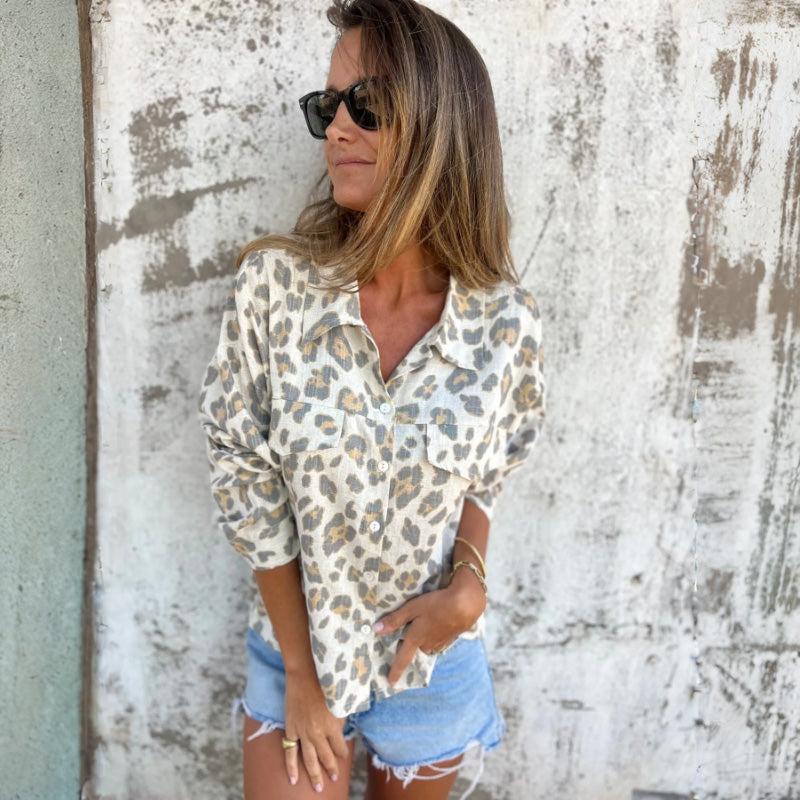 Leely | Camisa De Manga Larga Con Estampado De Leopardo Y Cierre Frontal Con Botones