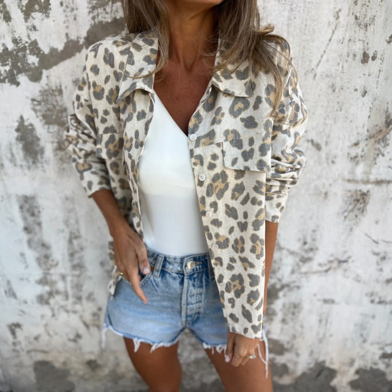 Leely | Camisa De Manga Larga Con Estampado De Leopardo Y Cierre Frontal Con Botones