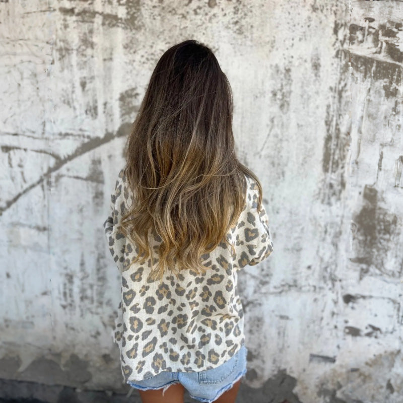 Leely | Camisa De Manga Larga Con Estampado De Leopardo Y Cierre Frontal Con Botones