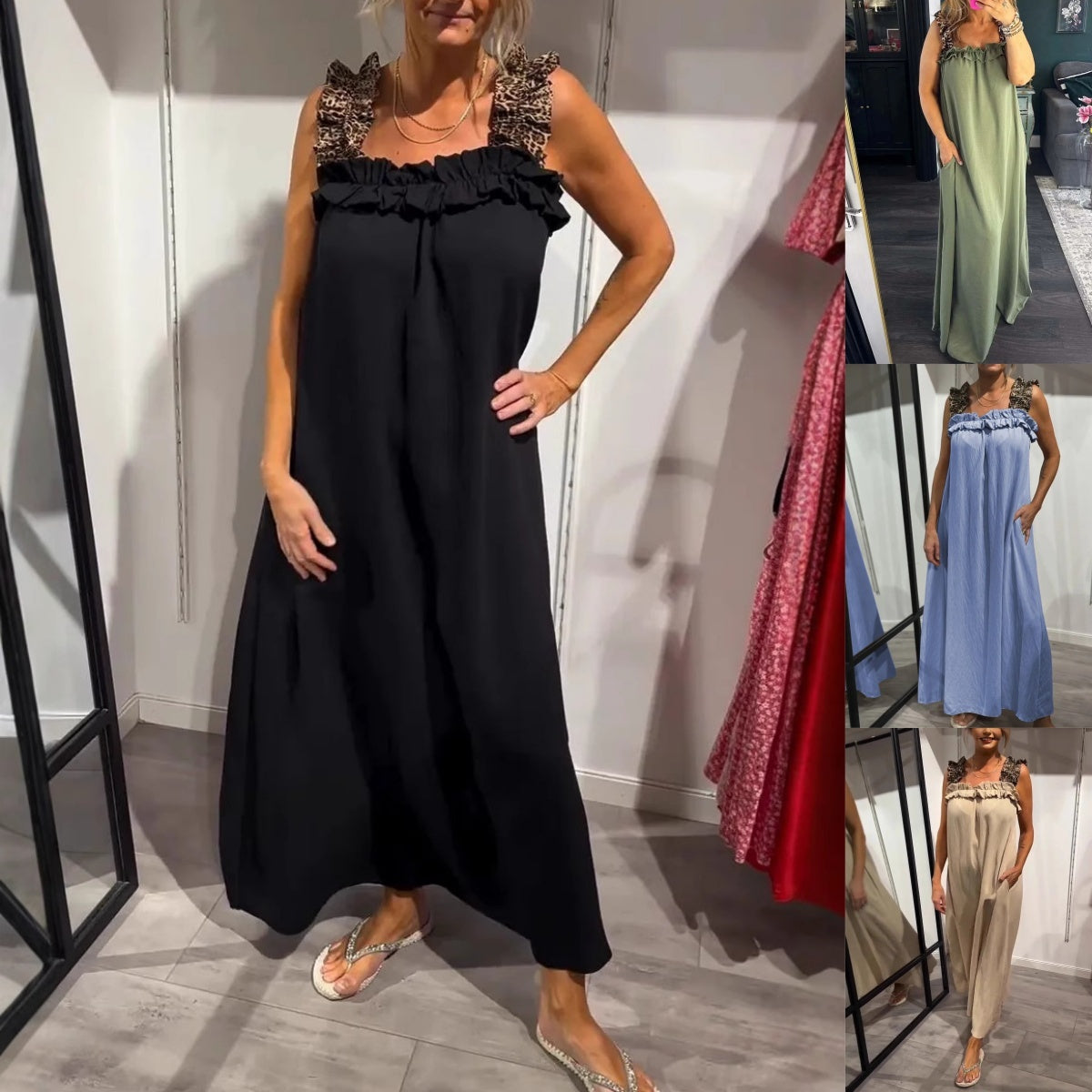 Fiola | Vestido Largo Sin Mangas Con Cuello de Volantes y Bolsillos