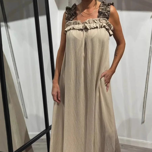 Fiola | Vestido Largo Sin Mangas Con Cuello de Volantes y Bolsillos