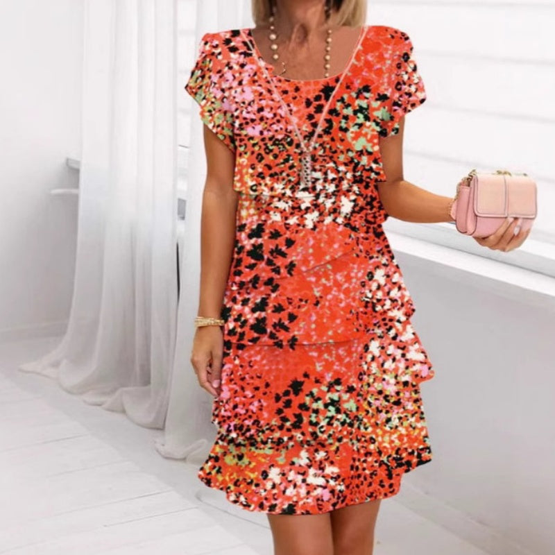 Jonna | Vestido Corto Estampado de Animales Con Capas