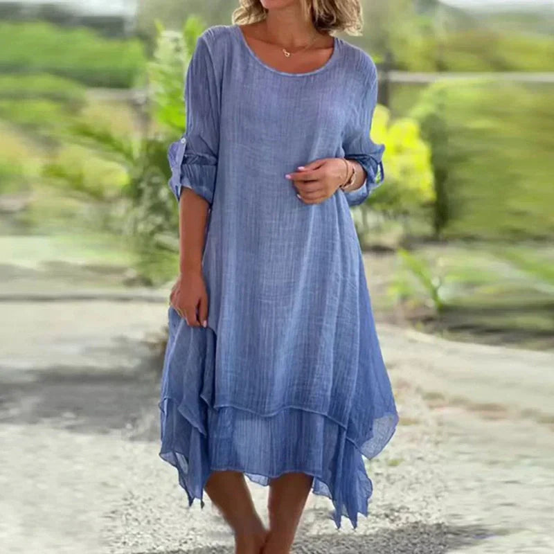 Mariela | Vestido midi de Cuello Redondo con bajo en Capas