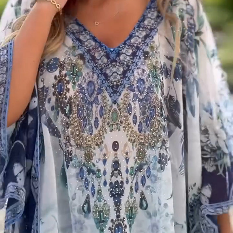 Joleena | Vestido Mini Asimétrico Estampado Cuello V