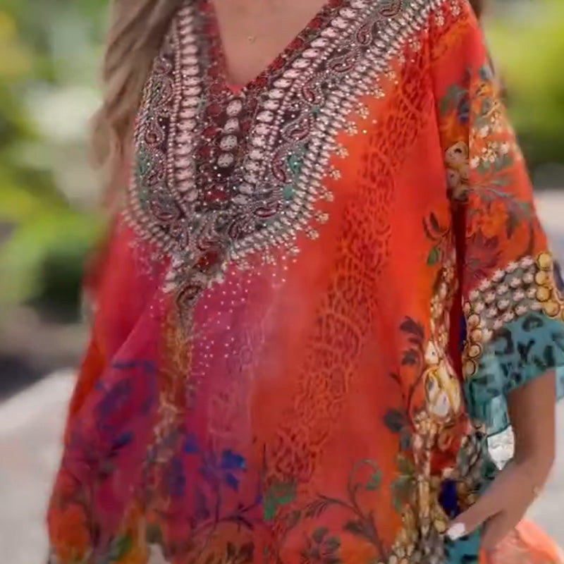 Joleena | Vestido Mini Asimétrico Estampado Cuello V