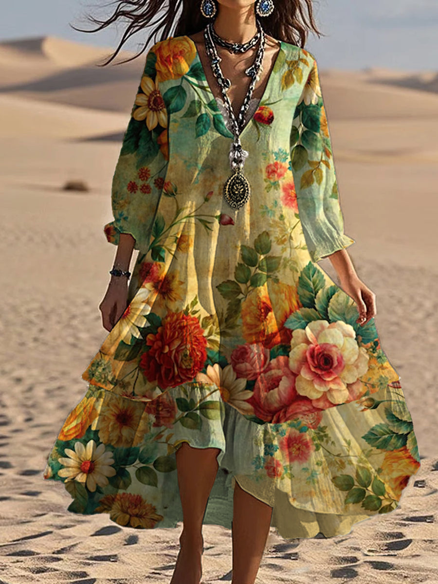 Aida | Vestido MIDI De Manga Larga Con Cuello en V Y Estampado Floral