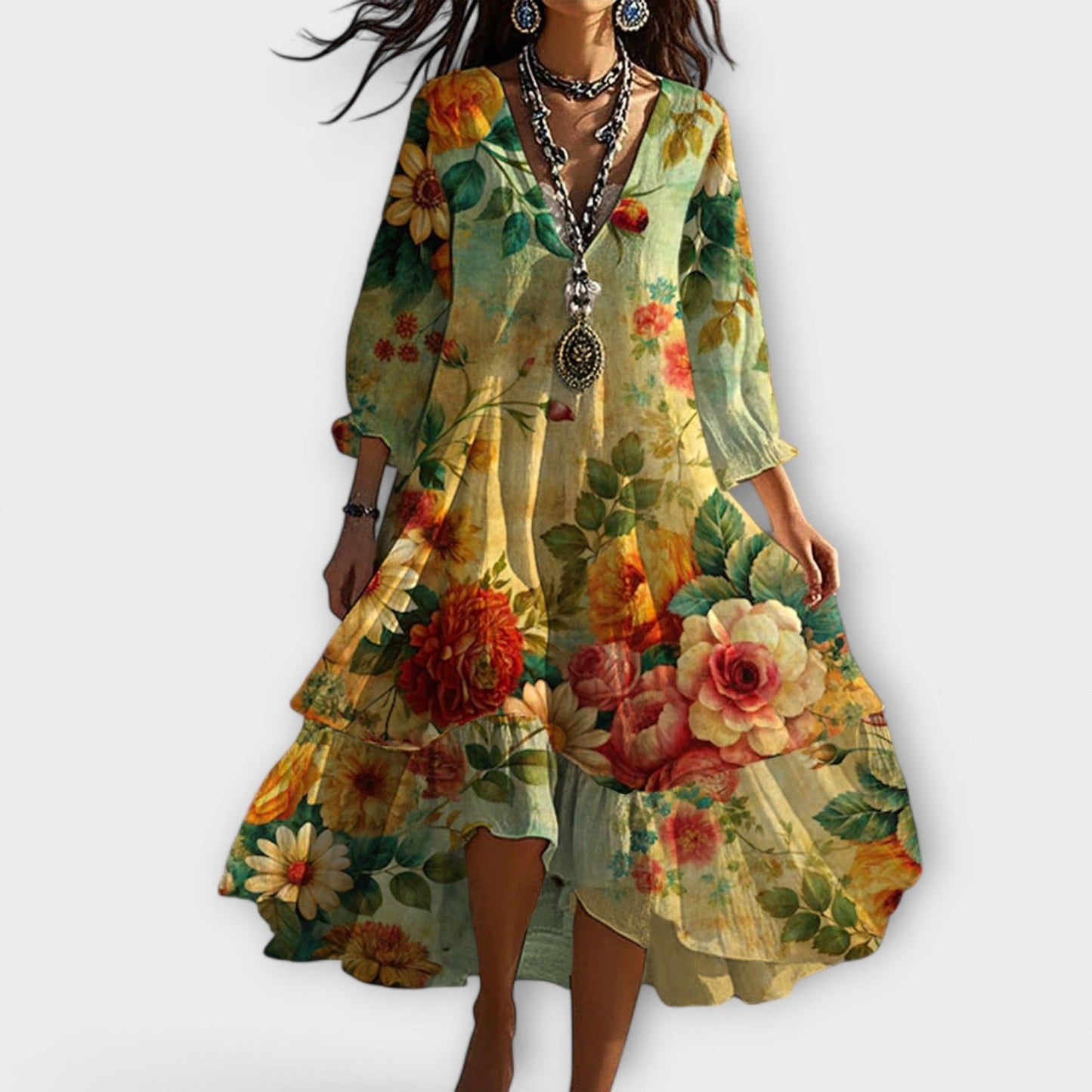 Aida | Vestido MIDI De Manga Larga Con Cuello en V Y Estampado Floral