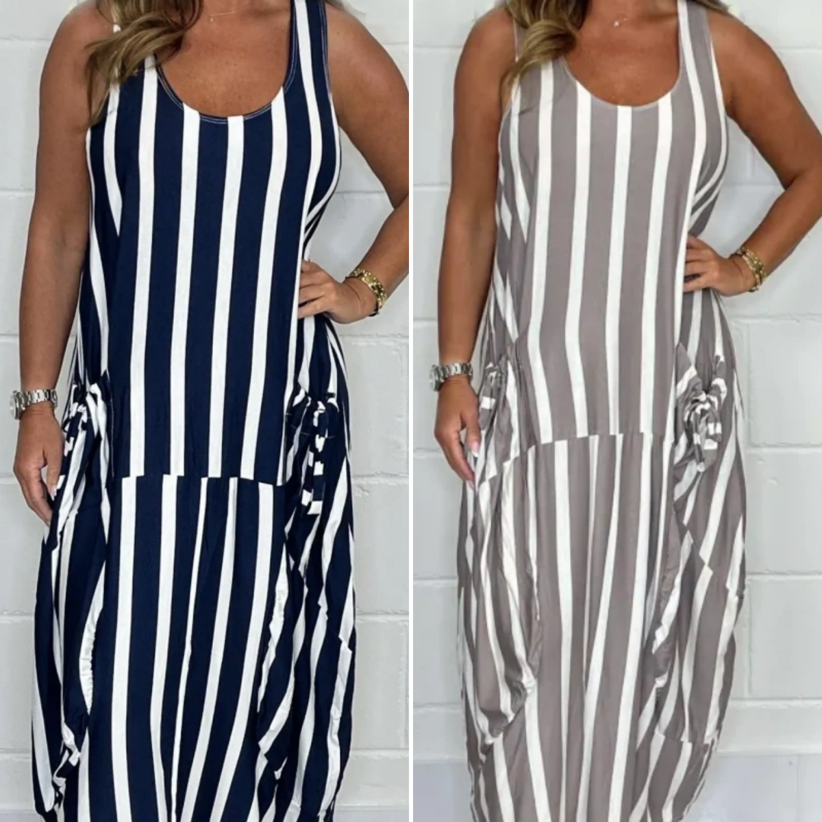 Loosey | Vestido Largo Sin Mangas de Rayas con Bolsillos