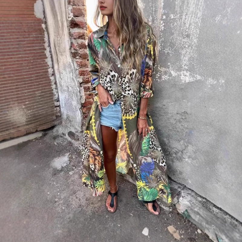 Roelie | Vestido Largo Con Estampado Tropical Y Animales, Con Cierre De Botones en La Parte Delantera
