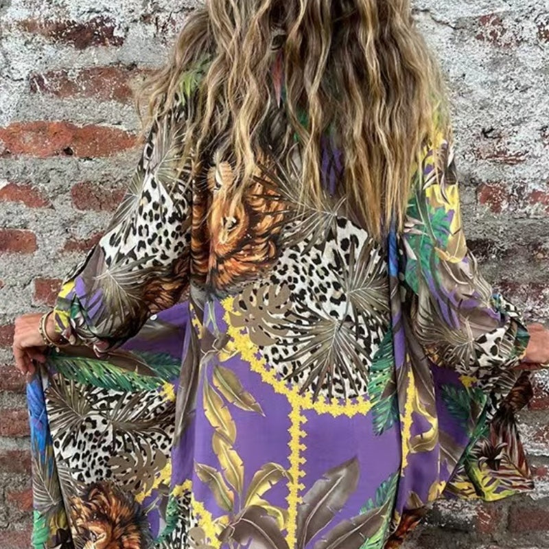 Roelie | Vestido Largo Con Estampado Tropical Y Animales, Con Cierre De Botones en La Parte Delantera