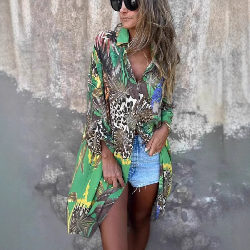 Roelie | Vestido Largo Con Estampado Tropical Y Animales, Con Cierre De Botones en La Parte Delantera