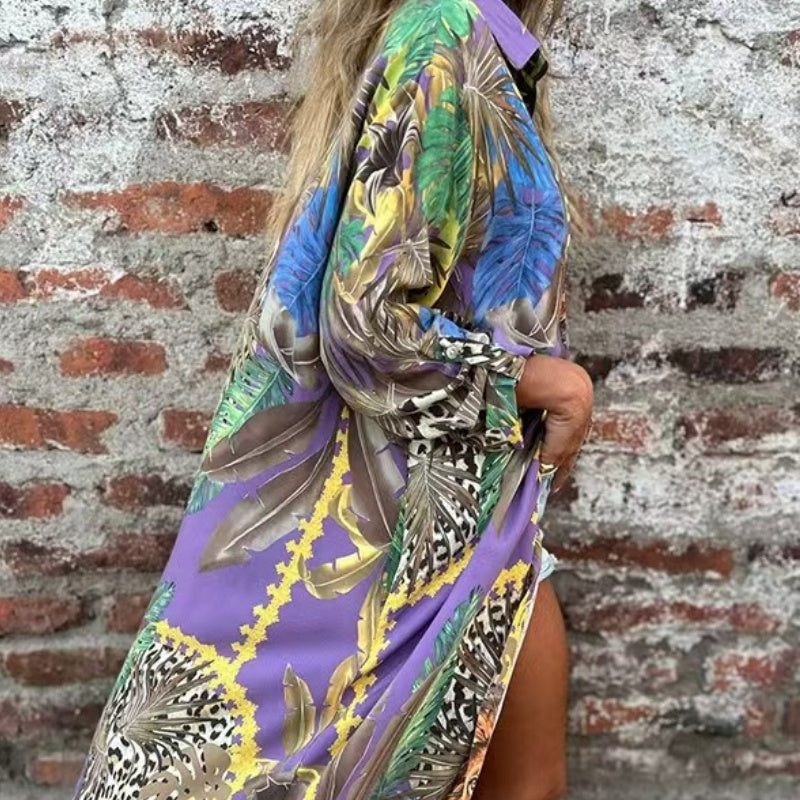Roelie | Vestido Largo Con Estampado Tropical Y Animales, Con Cierre De Botones en La Parte Delantera