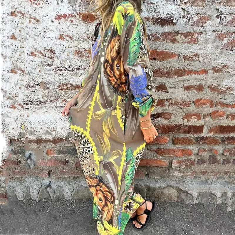 Roelie | Vestido Largo Con Estampado Tropical Y Animales, Con Cierre De Botones en La Parte Delantera