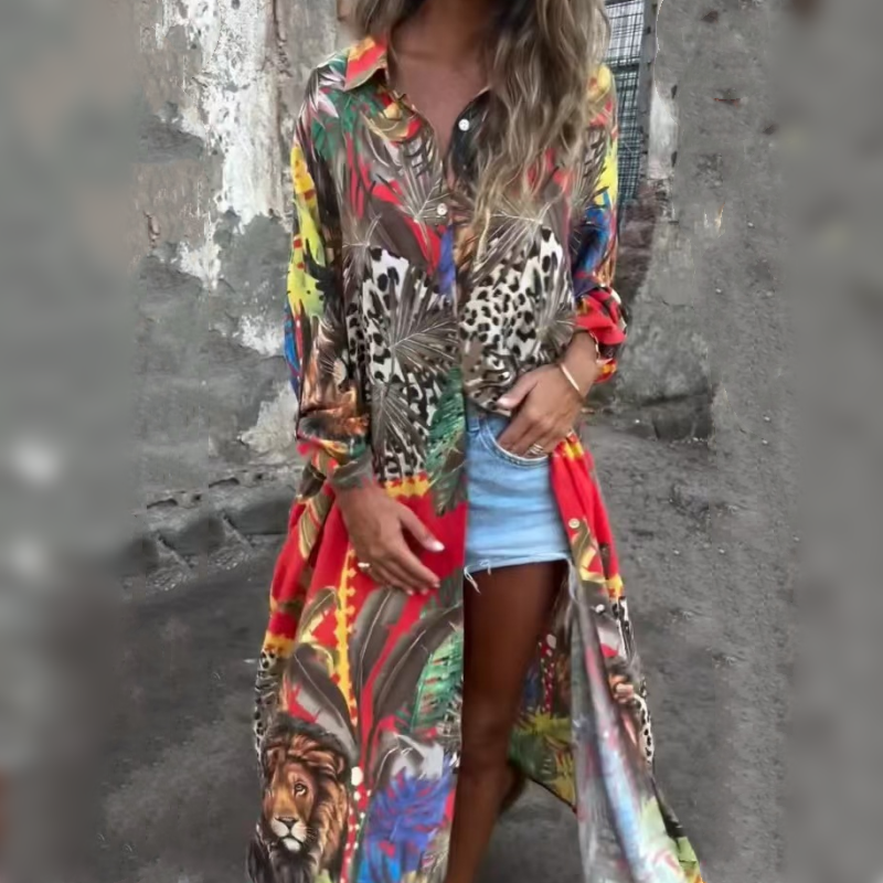 Roelie | Vestido Largo Con Estampado Tropical Y Animales, Con Cierre De Botones en La Parte Delantera