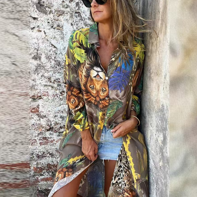 Roelie | Vestido Largo Con Estampado Tropical Y Animales, Con Cierre De Botones en La Parte Delantera