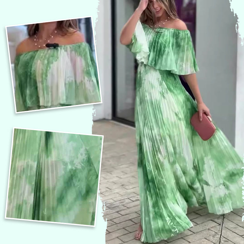 Vinelia | Vestido Largo Con Estampado Plisado y Hombros al Aire
