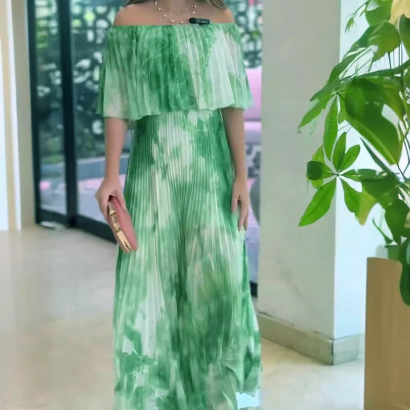 Vinelia | Vestido Largo Con Estampado Plisado y Hombros al Aire
