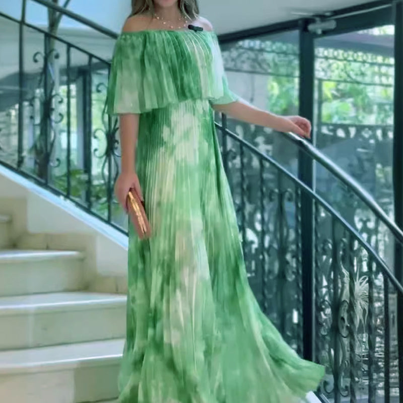 Vinelia | Vestido Largo Con Estampado Plisado y Hombros al Aire