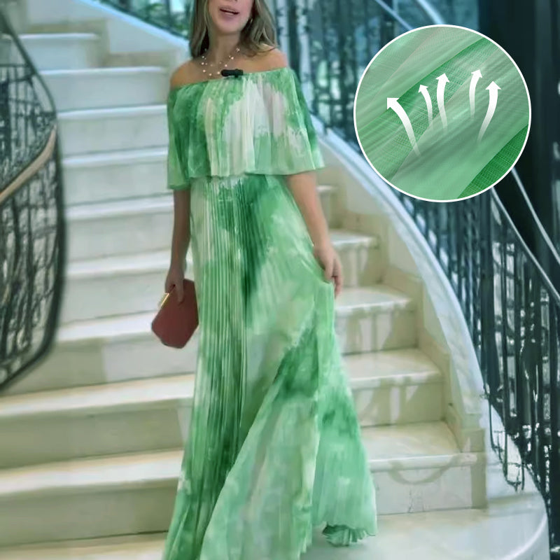 Vinelia | Vestido Largo Con Estampado Plisado y Hombros al Aire