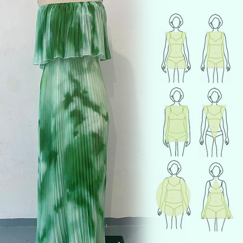 Vinelia | Vestido Largo Con Estampado Plisado y Hombros al Aire