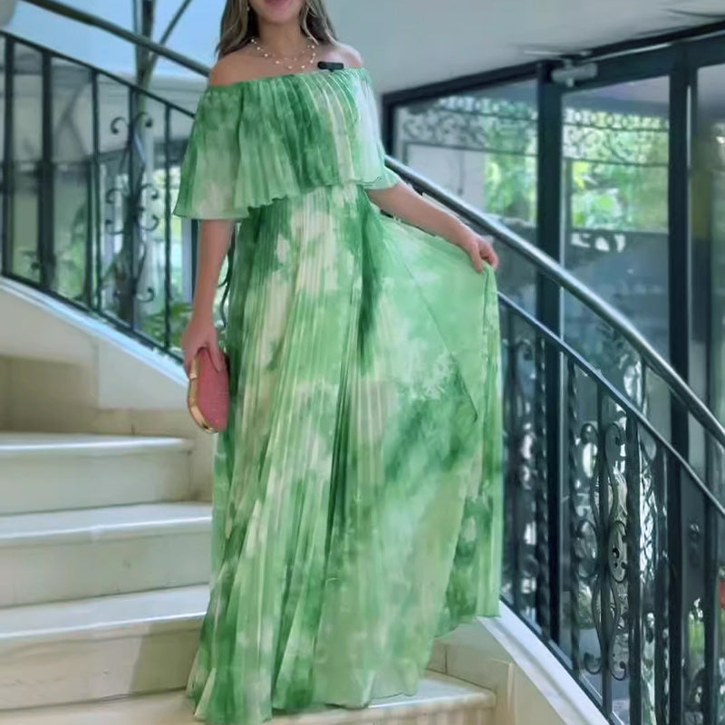 Vinelia | Vestido Largo Con Estampado Plisado y Hombros al Aire