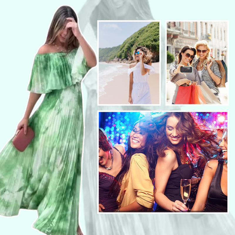 Vinelia | Vestido Largo Con Estampado Plisado y Hombros al Aire