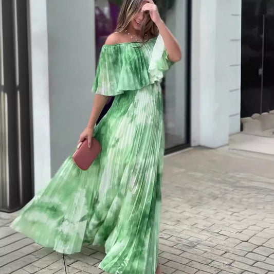 Vinelia | Vestido Largo Con Estampado Plisado y Hombros al Aire