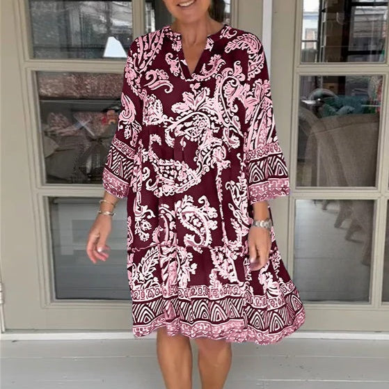 Viloura | Vestido Midi Con Cuello en V y Estampado Floral