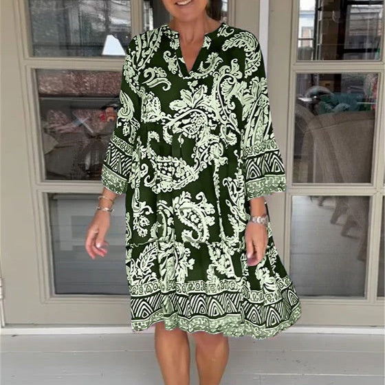 Viloura | Vestido Midi Con Cuello en V y Estampado Floral
