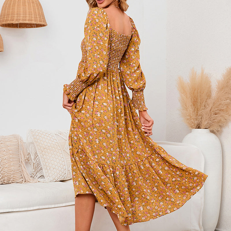 Vasilya | Vestido Midi Floral con Escote Cuadrado