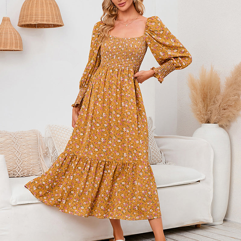 Vasilya | Vestido Midi Floral con Escote Cuadrado
