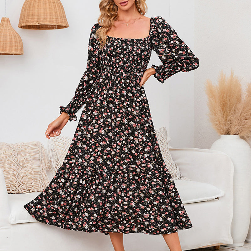Vasilya | Vestido Midi Floral con Escote Cuadrado