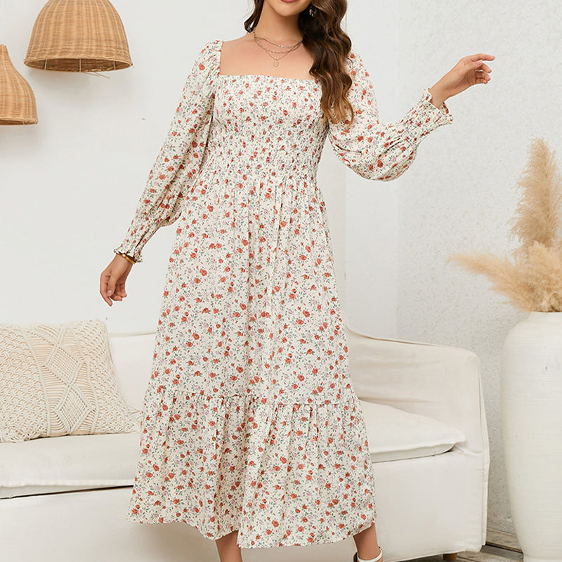 Vasilya | Vestido Midi Floral con Escote Cuadrado