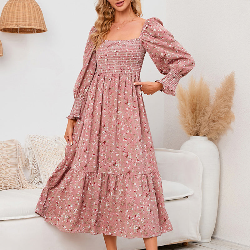 Vasilya | Vestido Midi Floral con Escote Cuadrado