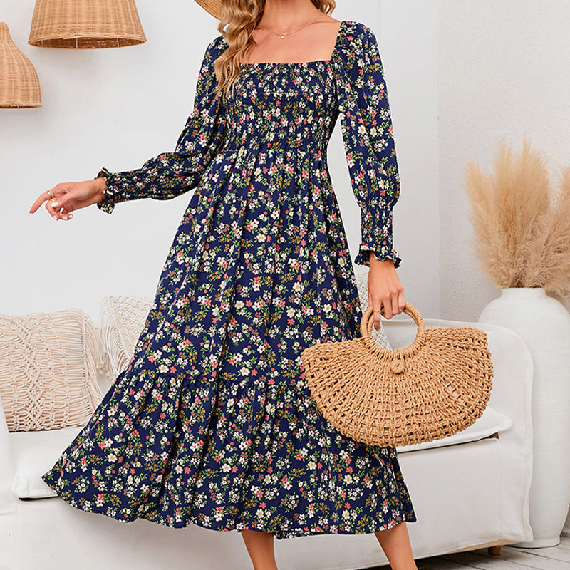 Vasilya | Vestido Midi Floral con Escote Cuadrado