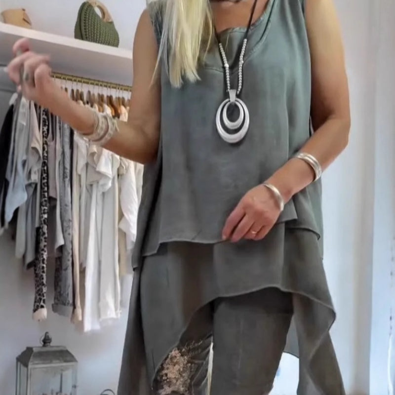Sousana - Conjunto Compuesto por un top Asimétrico sin Mangas y unos Pantalones con Estampado Floral