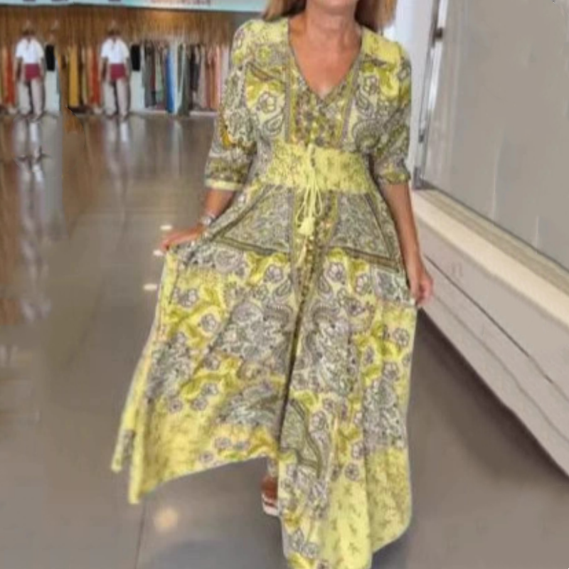 Aliye | Vestido Largo Con Cuello en V Y Estampado Boho De Paisley