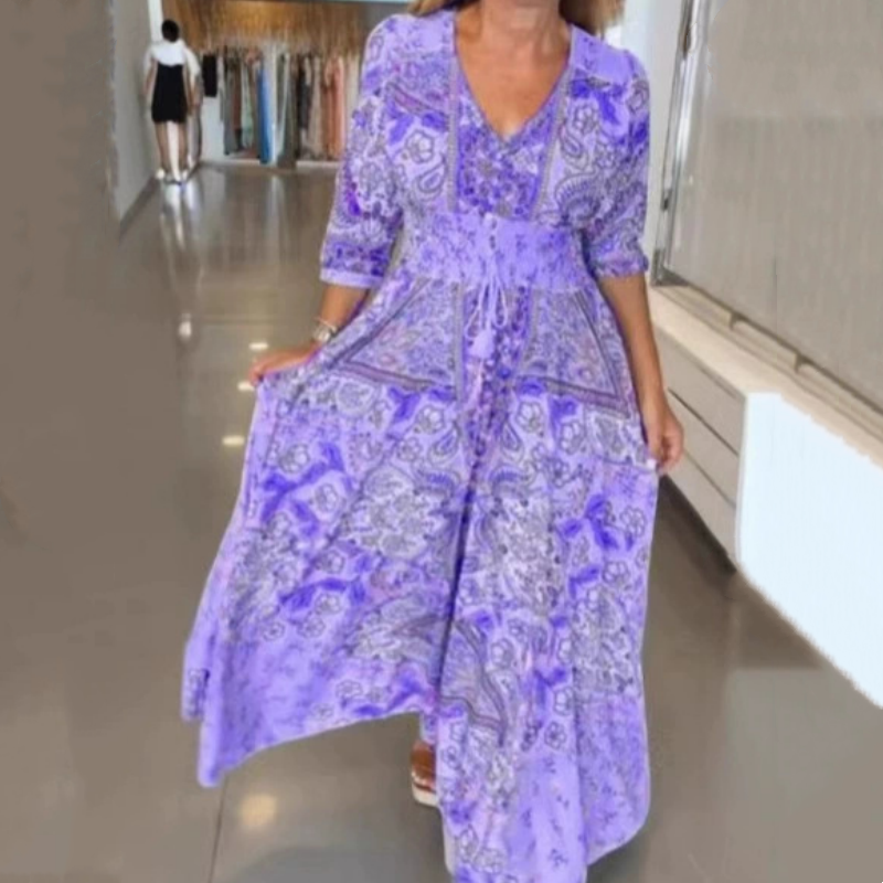 Aliye | Vestido Largo Con Cuello en V Y Estampado Boho De Paisley