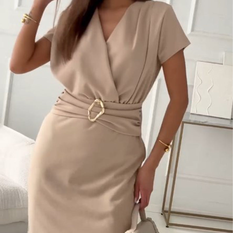 Jaclyn | Vestido de Manga Corta Con Cuello en V y Cinturón