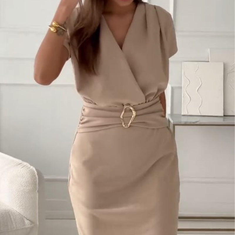 Jaclyn | Vestido de Manga Corta Con Cuello en V y Cinturón