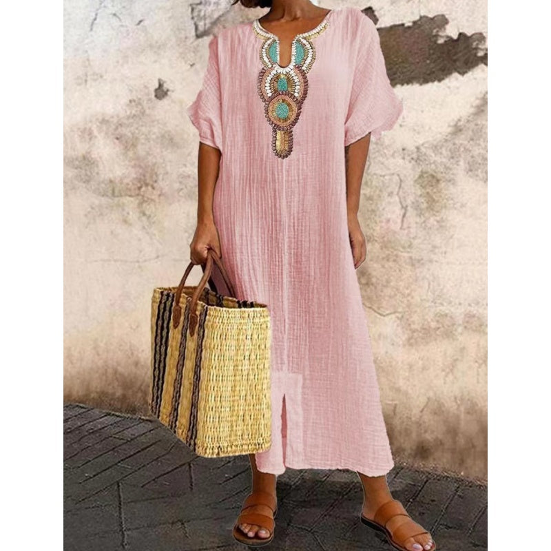 Lioba |  Vestido MIDI Holgado Con Cuello en V Y Bordados