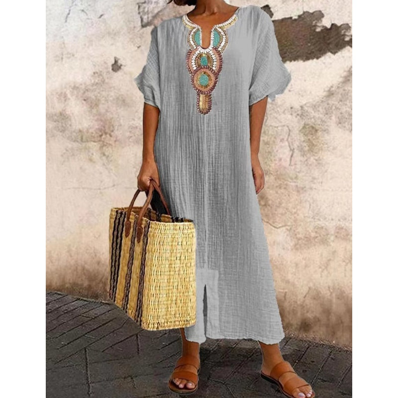 Lioba |  Vestido MIDI Holgado Con Cuello en V Y Bordados