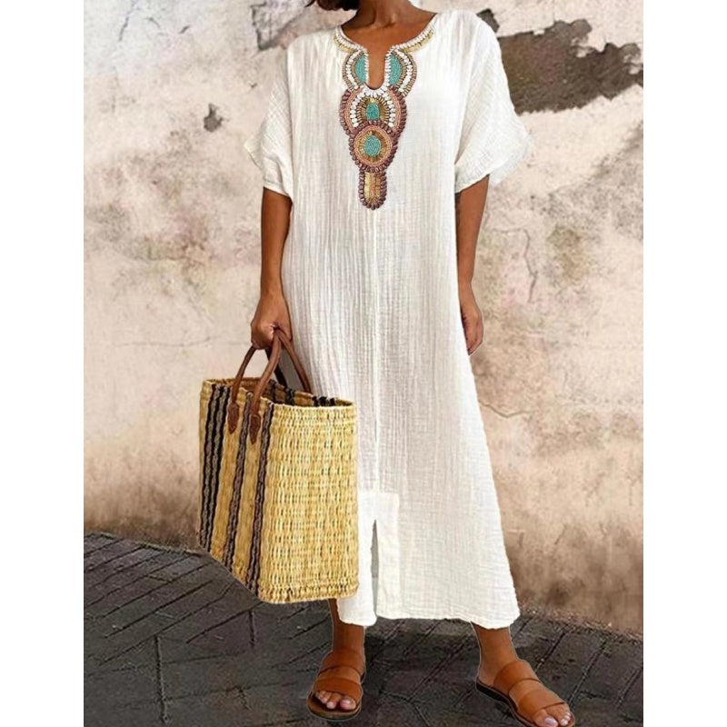 Lioba |  Vestido MIDI Holgado Con Cuello en V Y Bordados