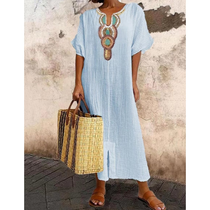 Lioba |  Vestido MIDI Holgado Con Cuello en V Y Bordados