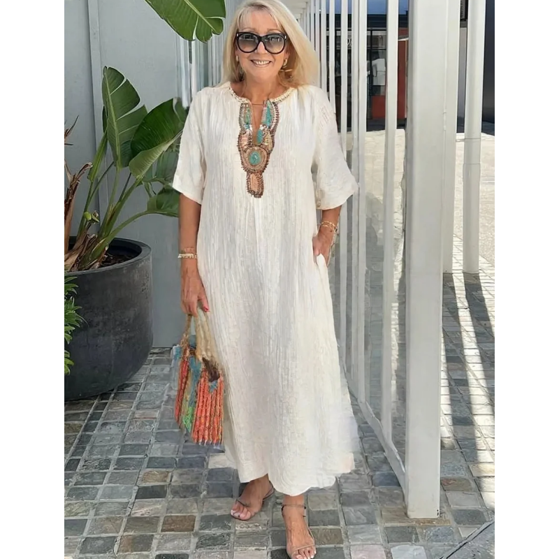 Lioba |  Vestido MIDI Holgado Con Cuello en V Y Bordados