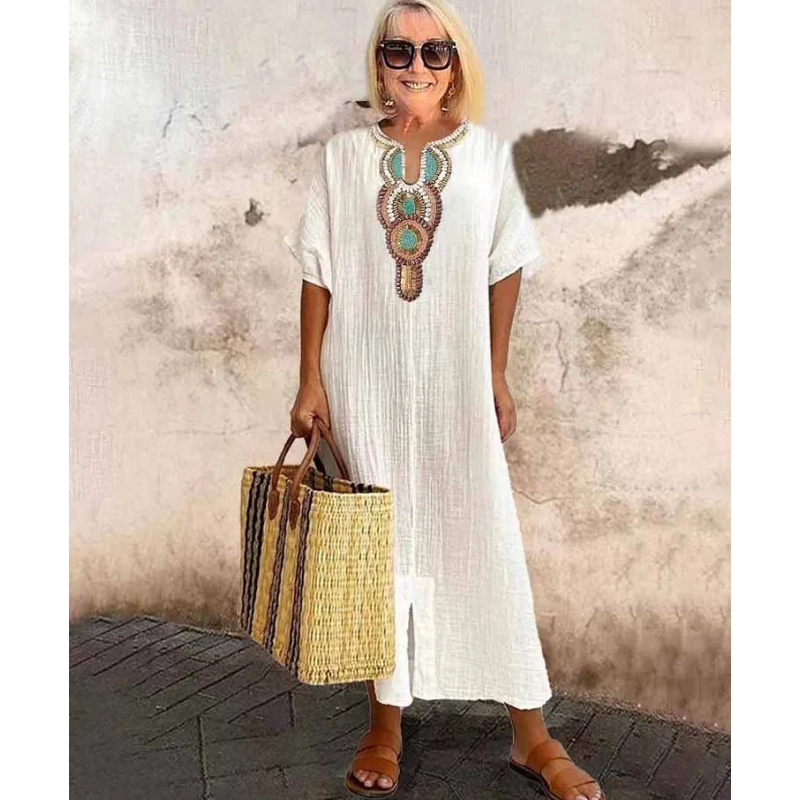 Lioba |  Vestido MIDI Holgado Con Cuello en V Y Bordados
