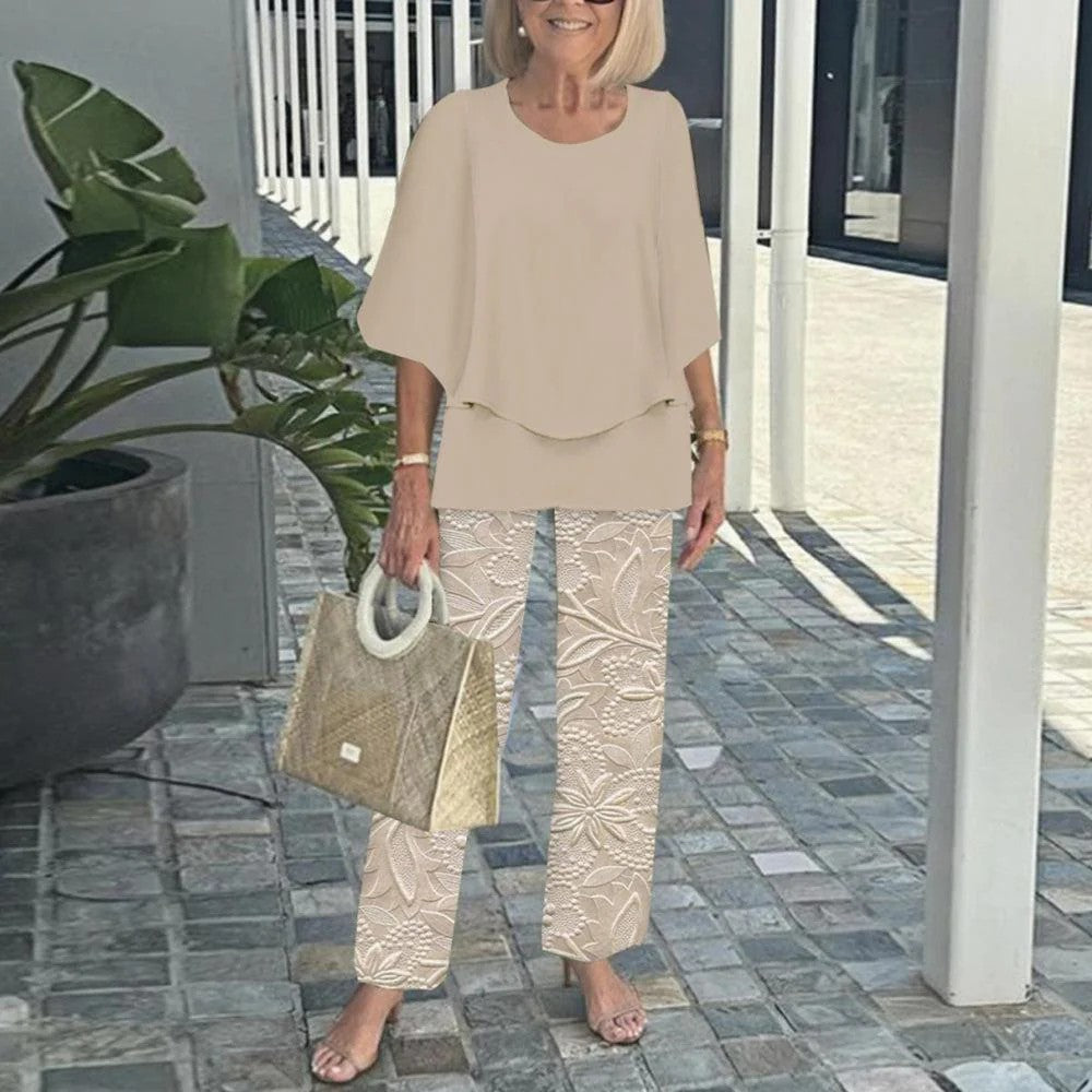 Laetitaa - Conjunto Dos Piezas Blusa Capa Pantalón Estampado