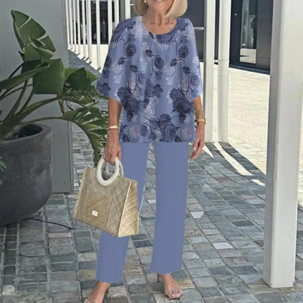 Laetitaa - Conjunto Dos Piezas Blusa Capa Pantalón Estampado