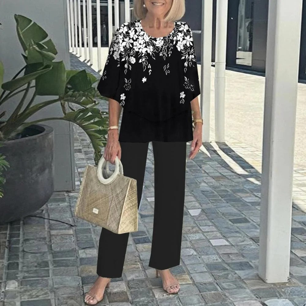 Laetitaa - Conjunto Dos Piezas Blusa Capa Pantalón Estampado