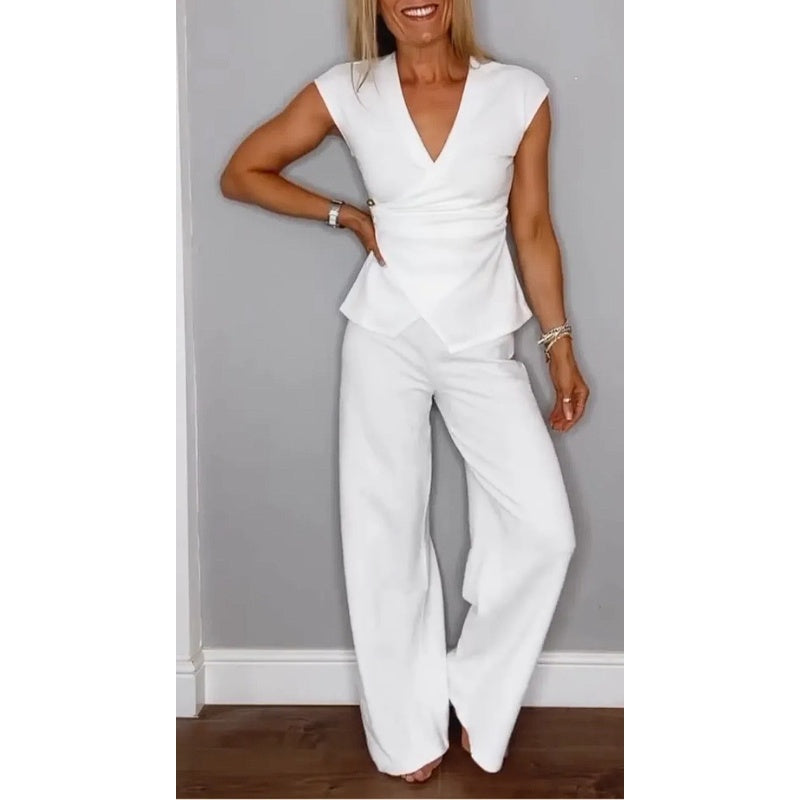 Angeliki | Conjunto De Dos Piezas Con Cuello en V Y Pantalones De Pierna Ancha